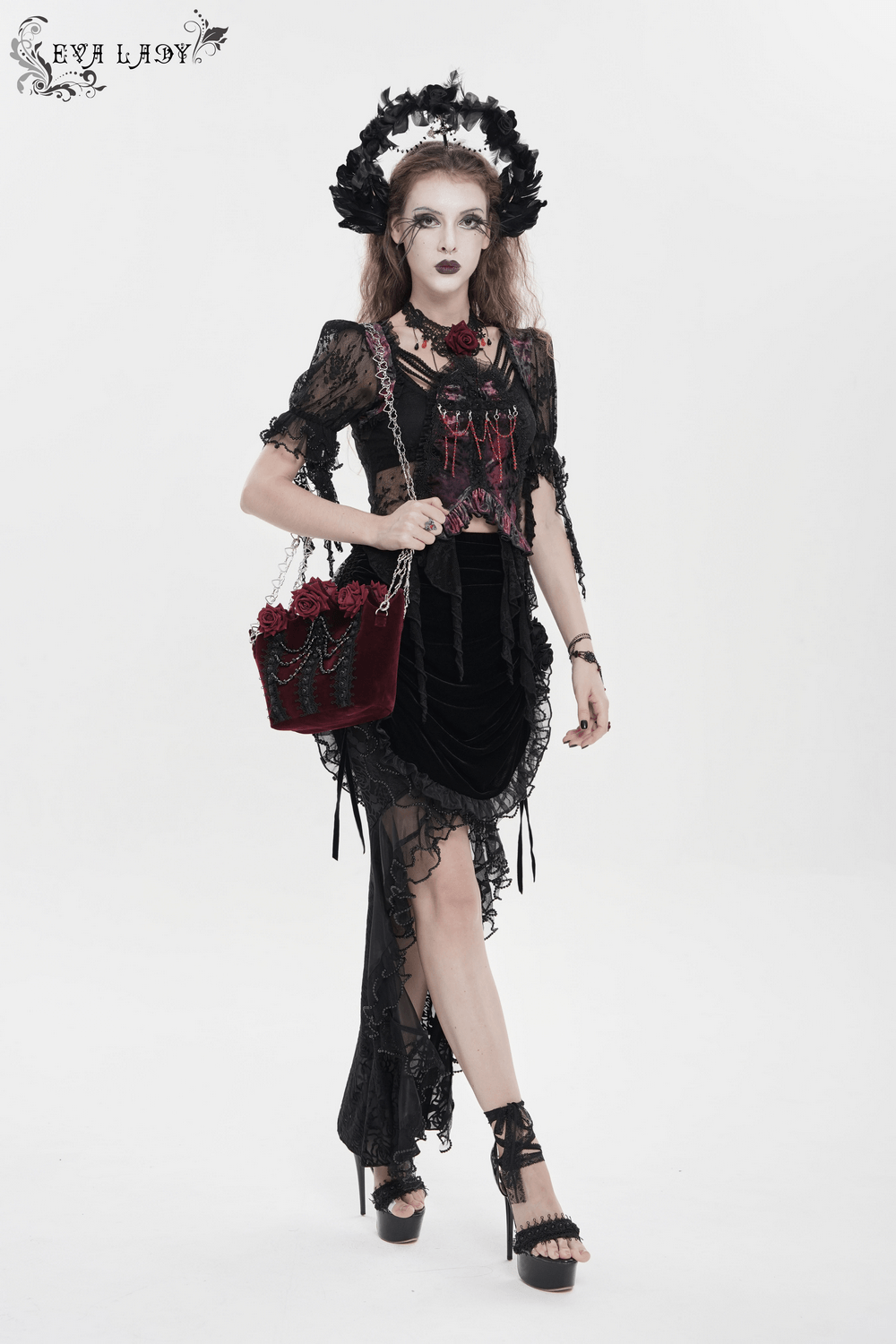 Burgundy Gothic Rose Handbag with Lace and Chains
