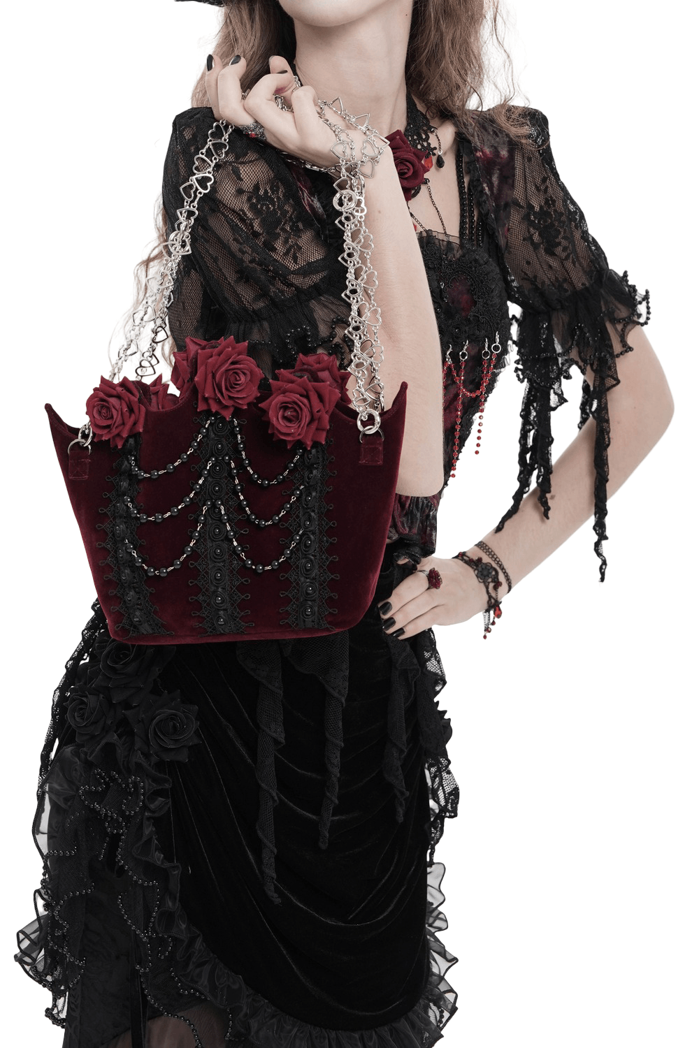 Burgundy Gothic Rose Handbag with Lace and Chains