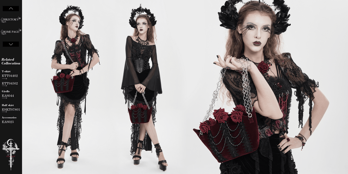Burgundy Gothic Rose Handbag with Lace and Chains