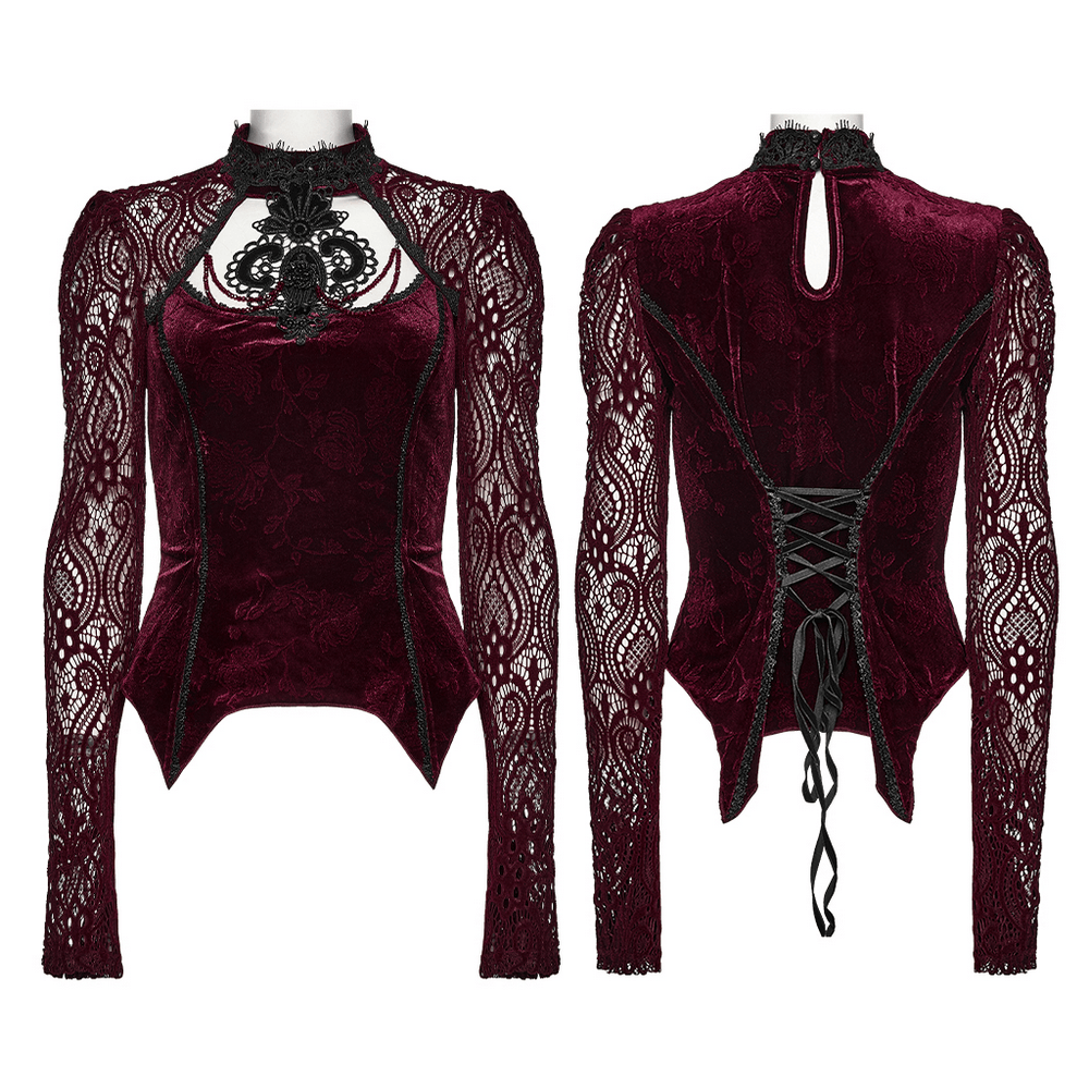 Burgundy Gothic Velvet Lace Top with Corset Back