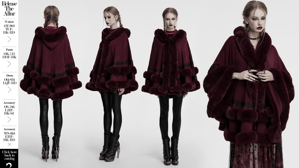 Burgundy Hooded Cloak with Fur Trim and Lace Hem