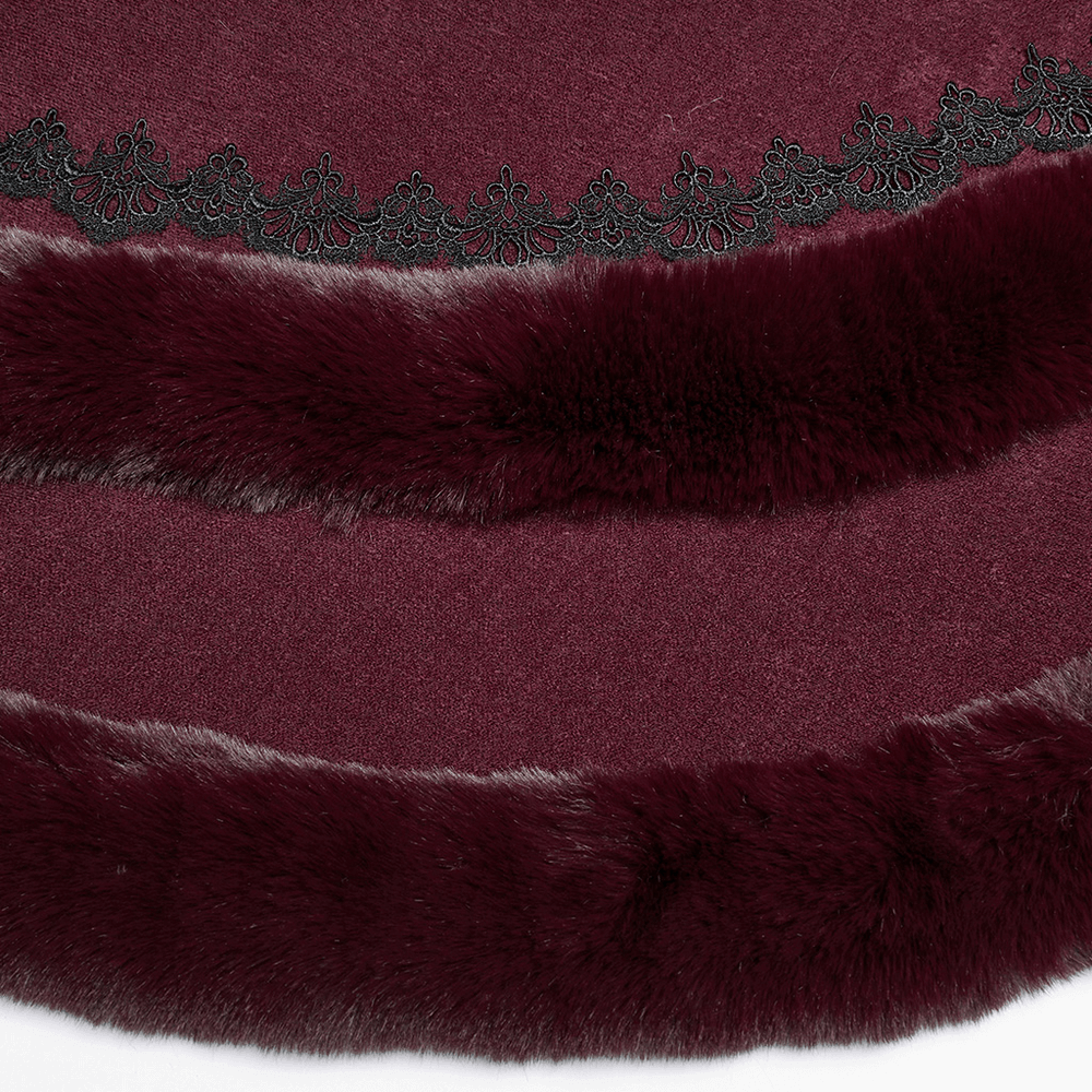 Burgundy Hooded Cloak with Fur Trim and Lace Hem