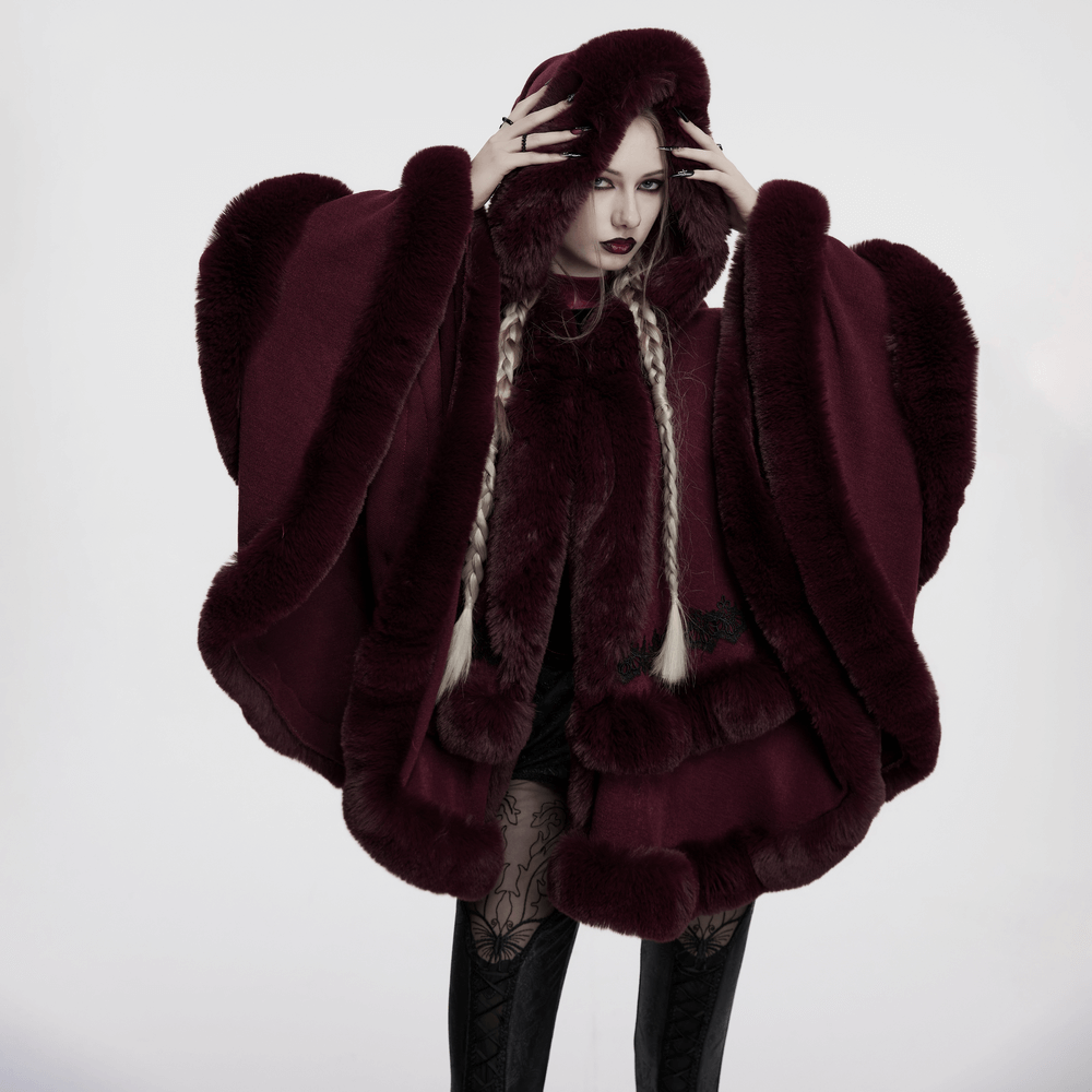 Burgundy Hooded Cloak with Fur Trim and Lace Hem