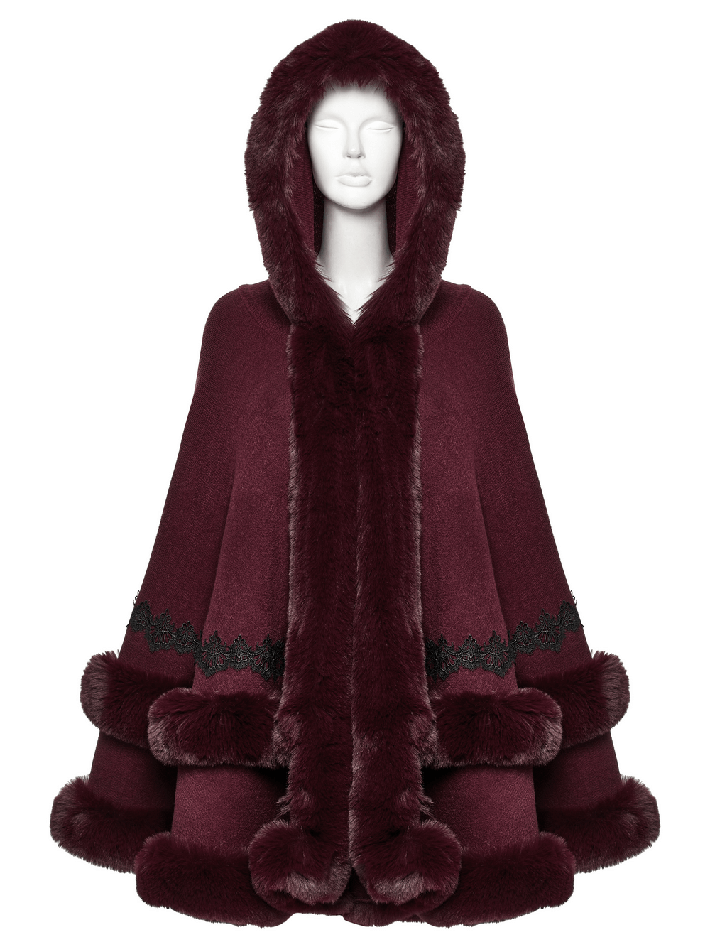 Burgundy Hooded Cloak with Fur Trim and Lace Hem