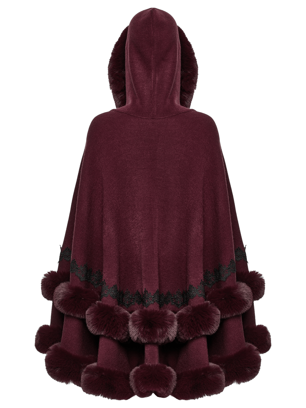 Burgundy Hooded Cloak with Fur Trim and Lace Hem