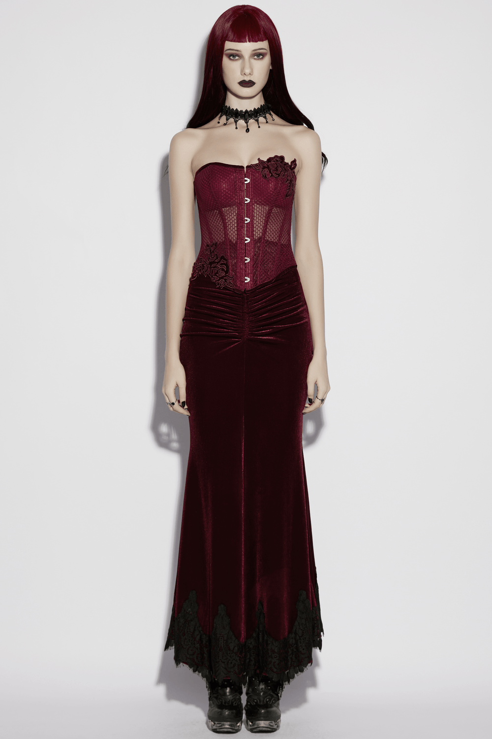 Burgundy Mesh Corset Top with Adjustable Lace Up Back