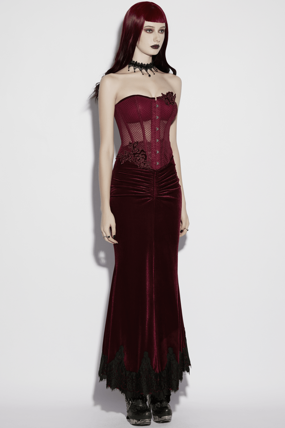 Burgundy Mesh Corset Top with Adjustable Lace Up Back
