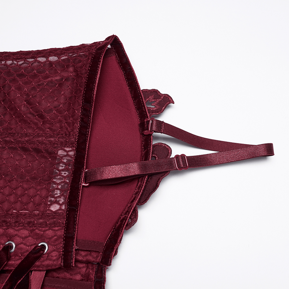 Burgundy Mesh Corset Top with Adjustable Lace Up Back