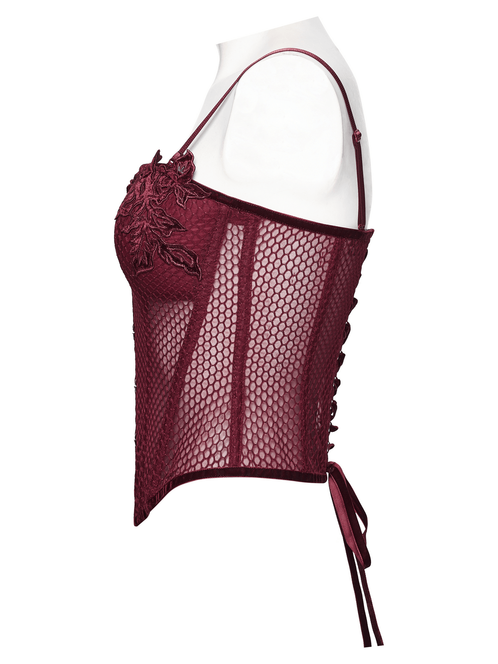 Burgundy Mesh Corset Top with Adjustable Lace Up Back