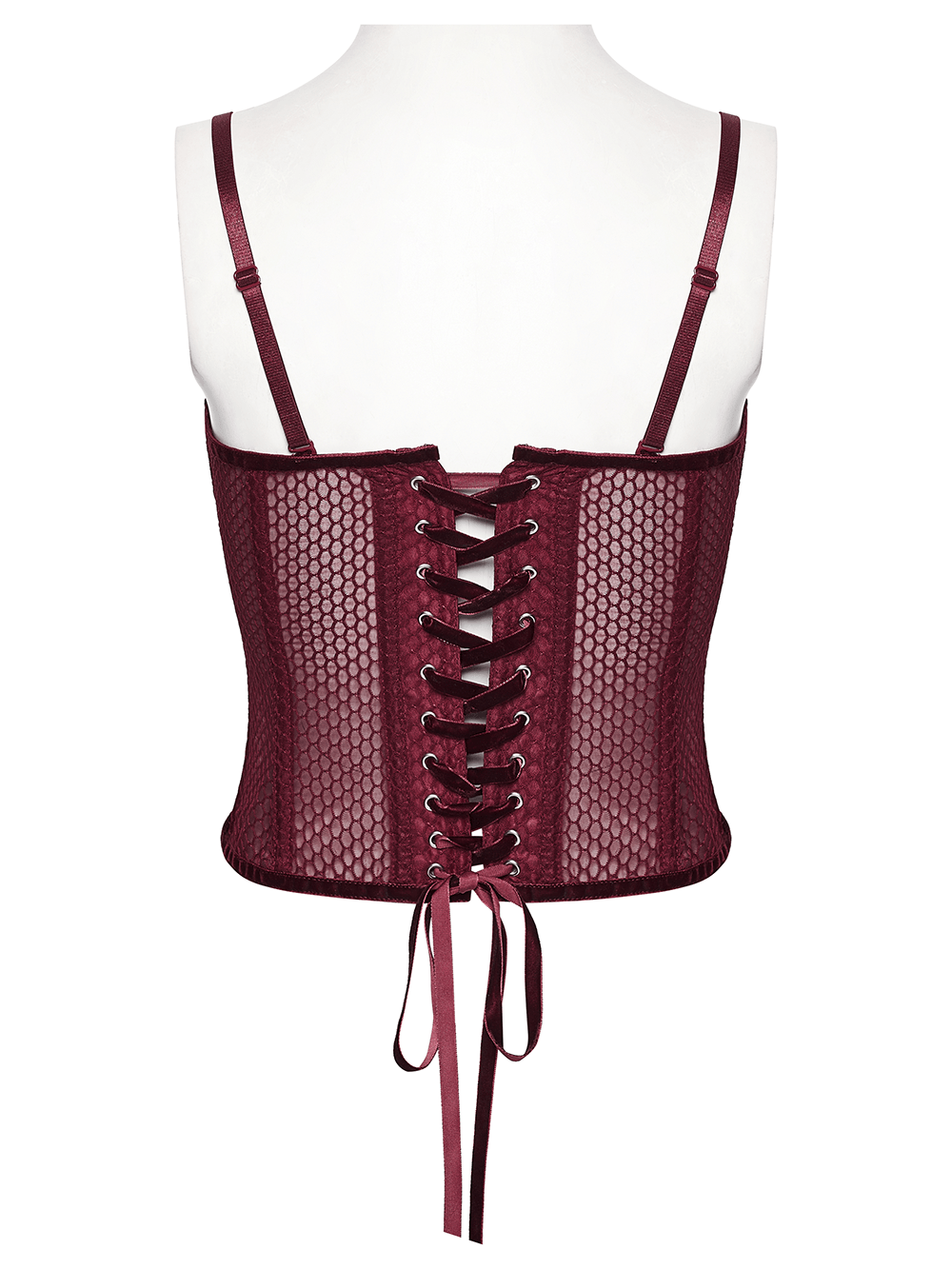 Burgundy Mesh Corset Top with Adjustable Lace Up Back