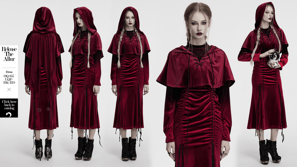 Burgundy Velvet Hooded Cape with Pom Pom Ties