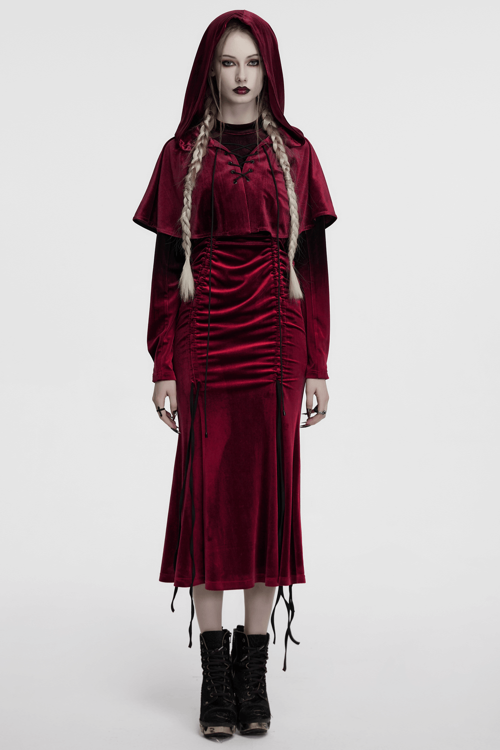 Burgundy Velvet Hooded Cape with Pom Pom Ties