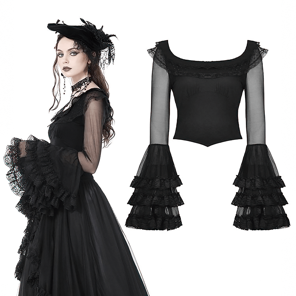 Chic Black Lace Bell Sleeved Top with Sheer Mesh Detail