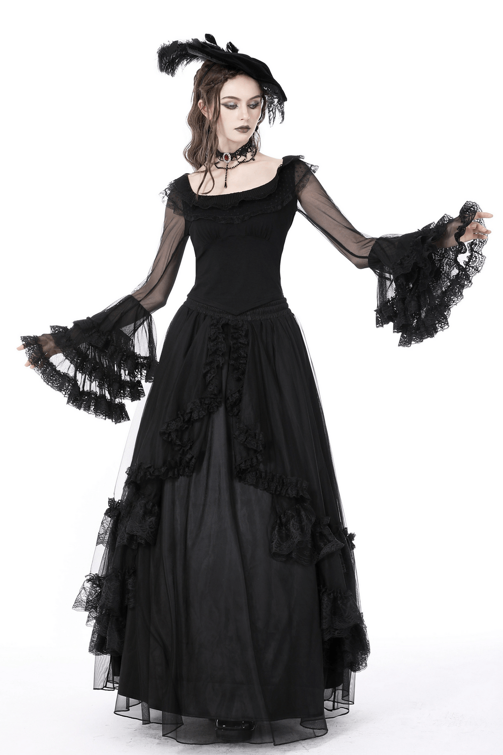 Chic Black Lace Bell Sleeved Top with Sheer Mesh Detail