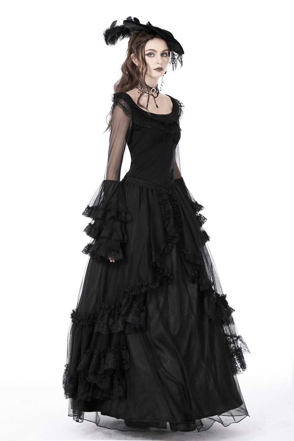 Chic Black Lace Bell Sleeved Top with Sheer Mesh Detail
