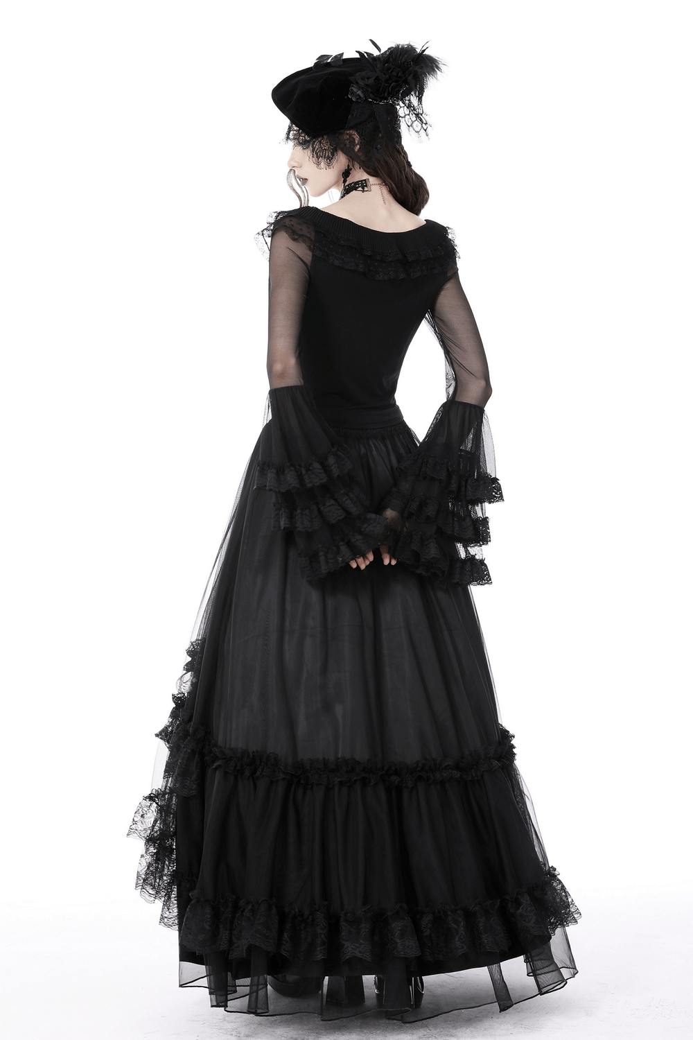 Chic Black Lace Bell Sleeved Top with Sheer Mesh Detail
