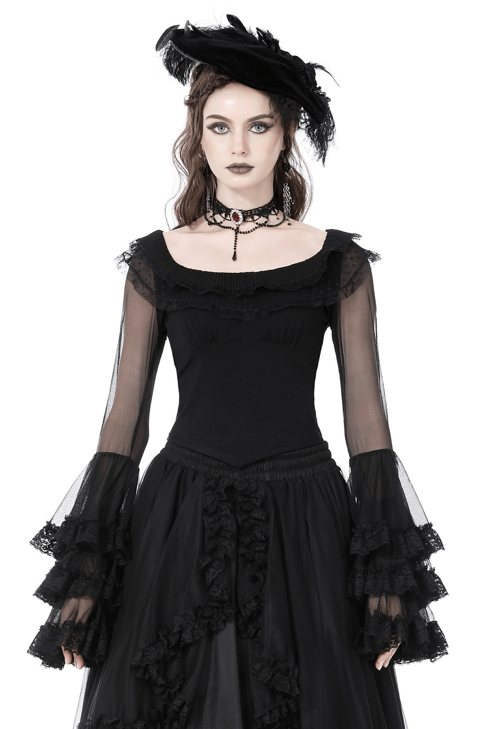 Chic Black Lace Bell Sleeved Top with Sheer Mesh Detail