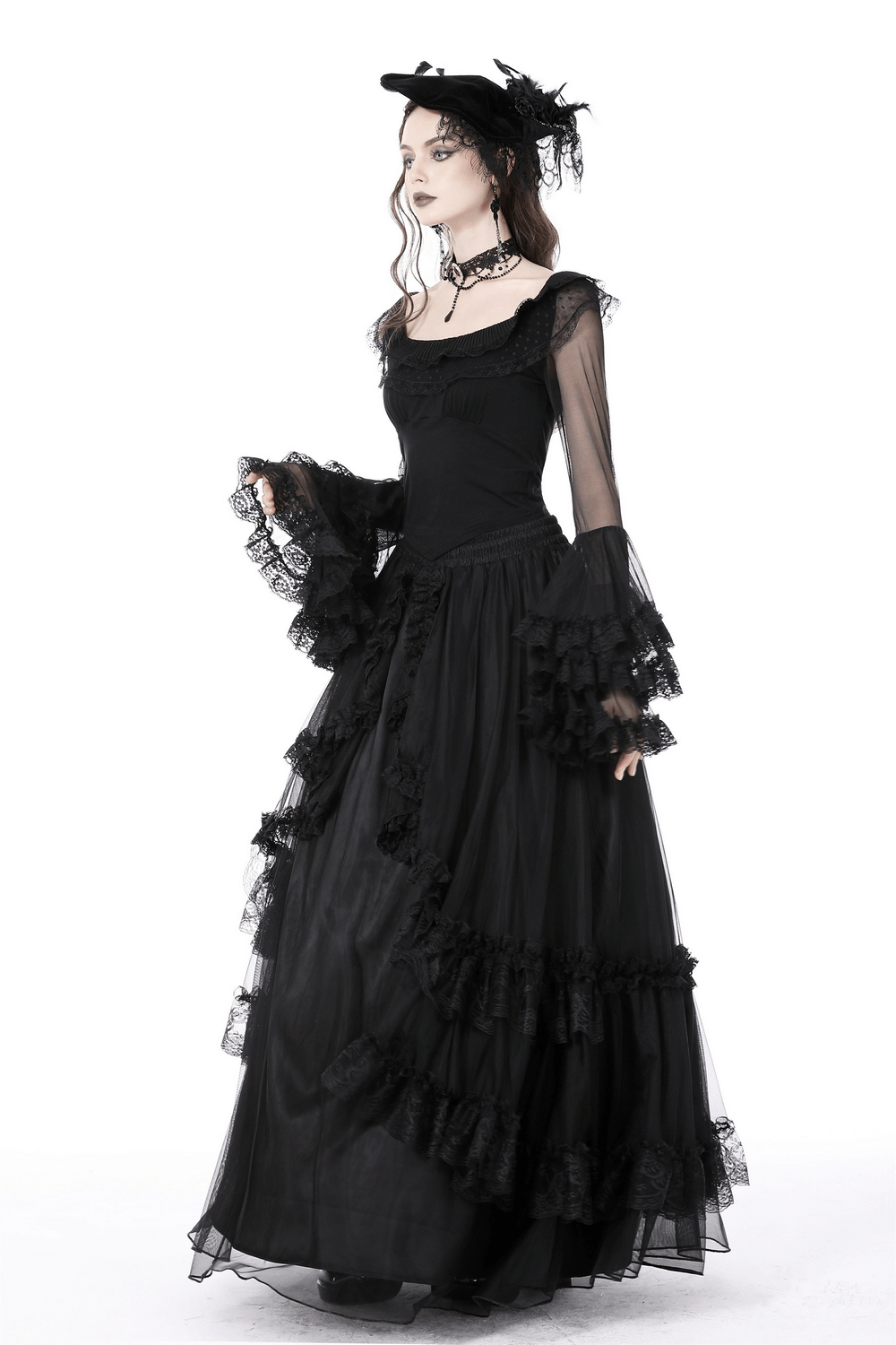 Chic Black Lace Bell Sleeved Top with Sheer Mesh Detail