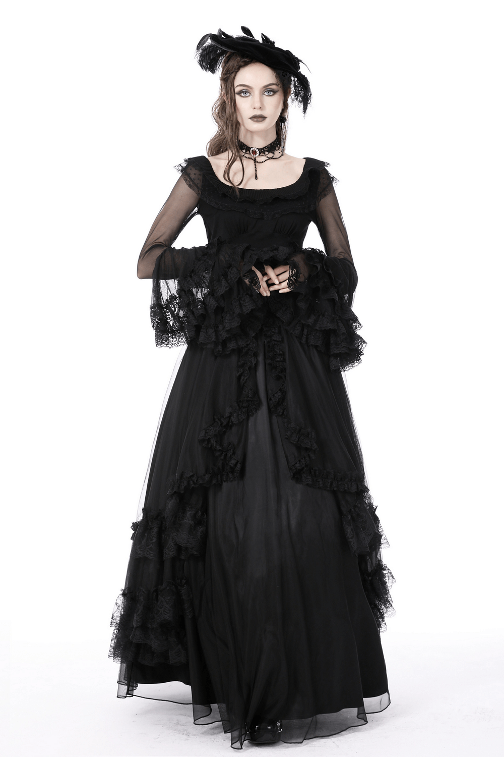 Chic Black Lace Bell Sleeved Top with Sheer Mesh Detail