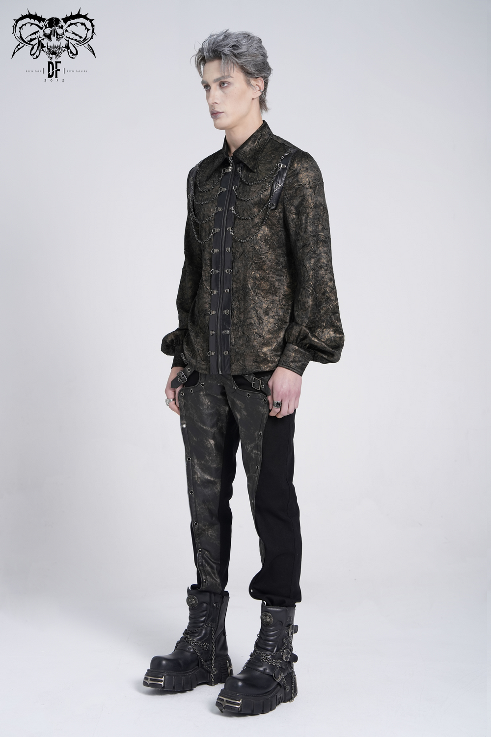 Chic Chain Shirt with Faux Leather Straps and Loops