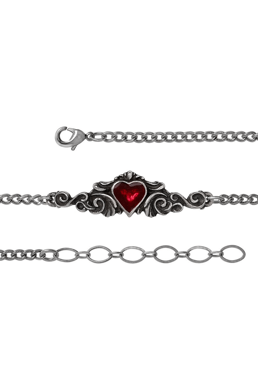 Chic Goth Red Heart Bracelet in Antique Pewter Design