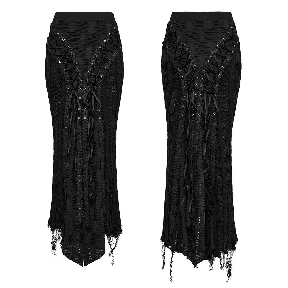 Chic Gothic Tattered Knit Skirt with Lace-Up Details