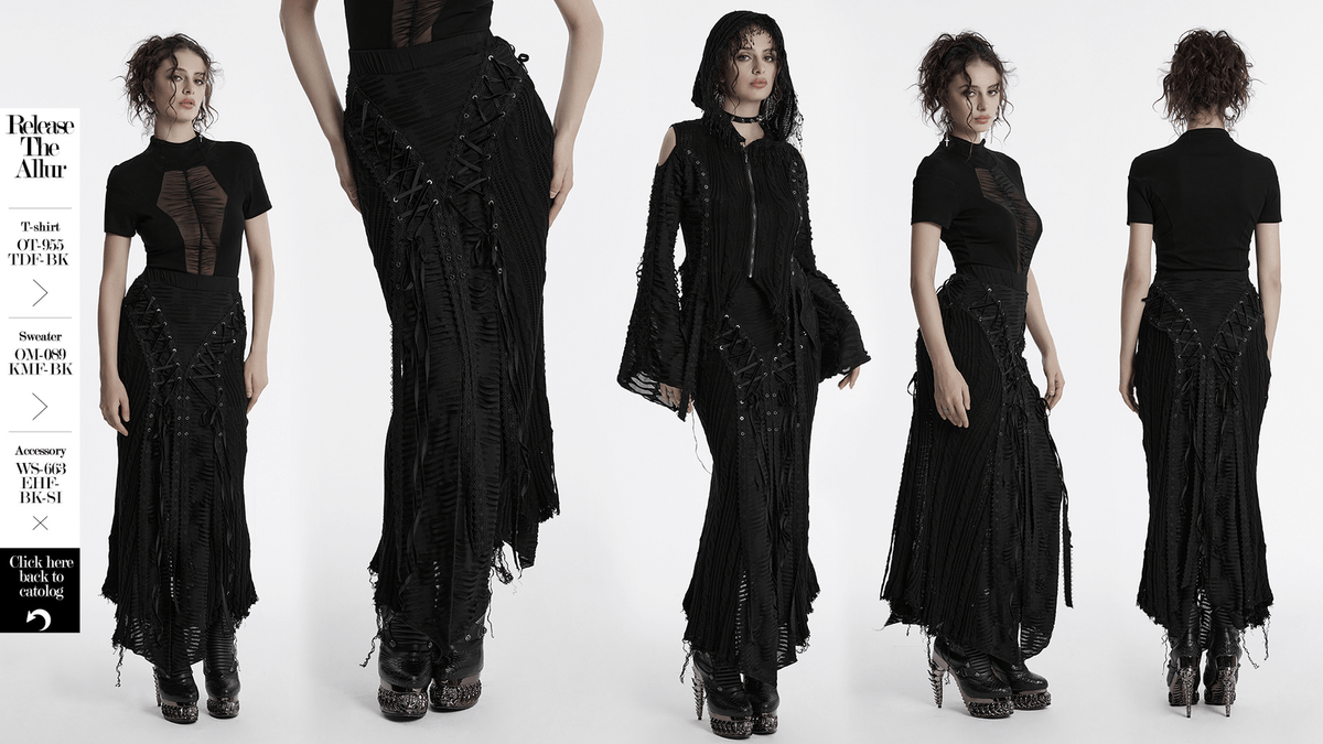 Chic Gothic Tattered Knit Skirt with Lace-Up Details