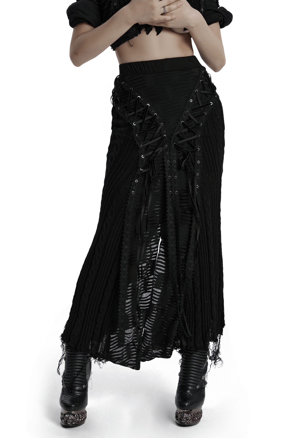 Chic Gothic Tattered Knit Skirt with Lace-Up Details
