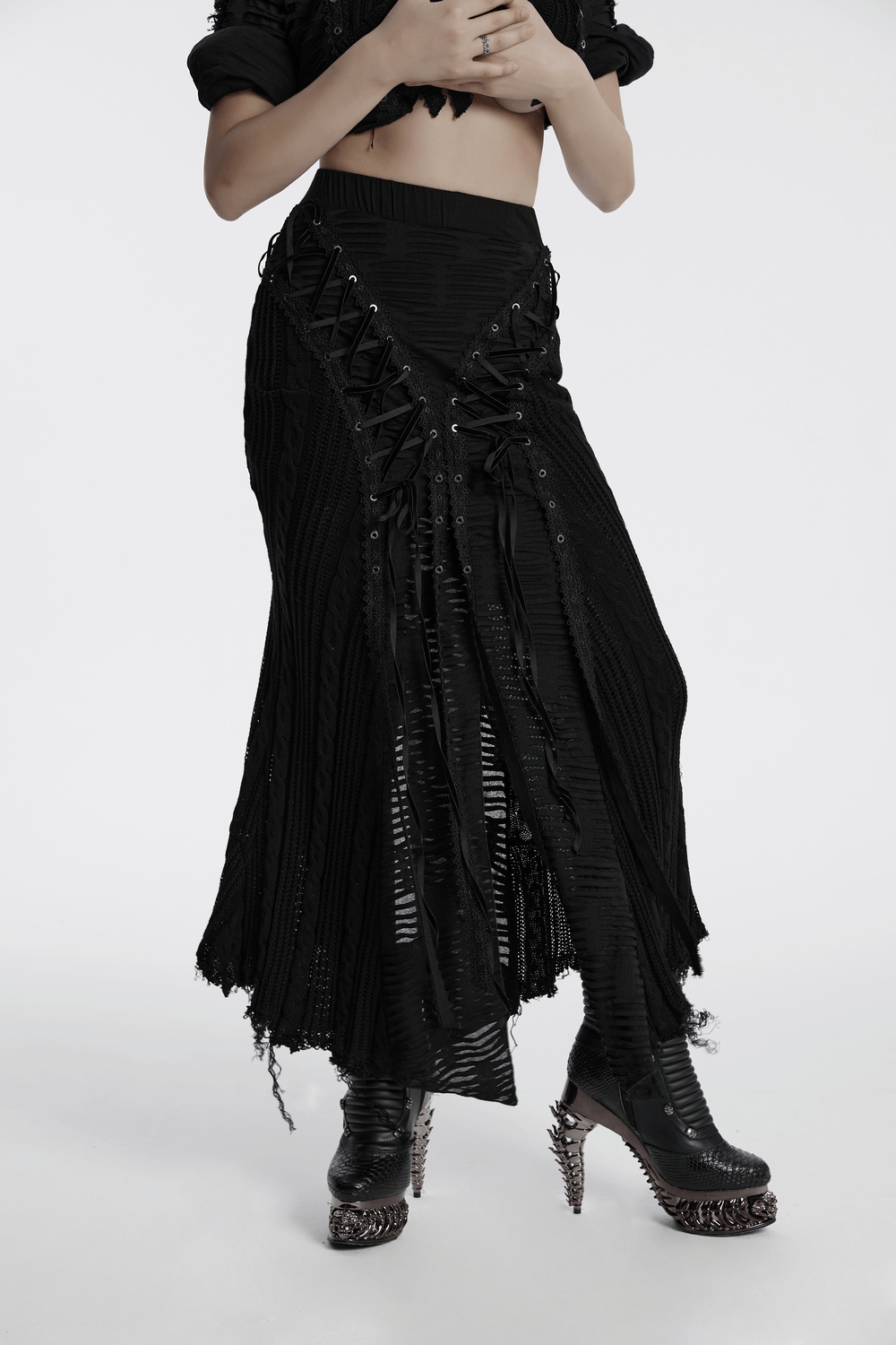 Chic Gothic Tattered Knit Skirt with Lace-Up Details