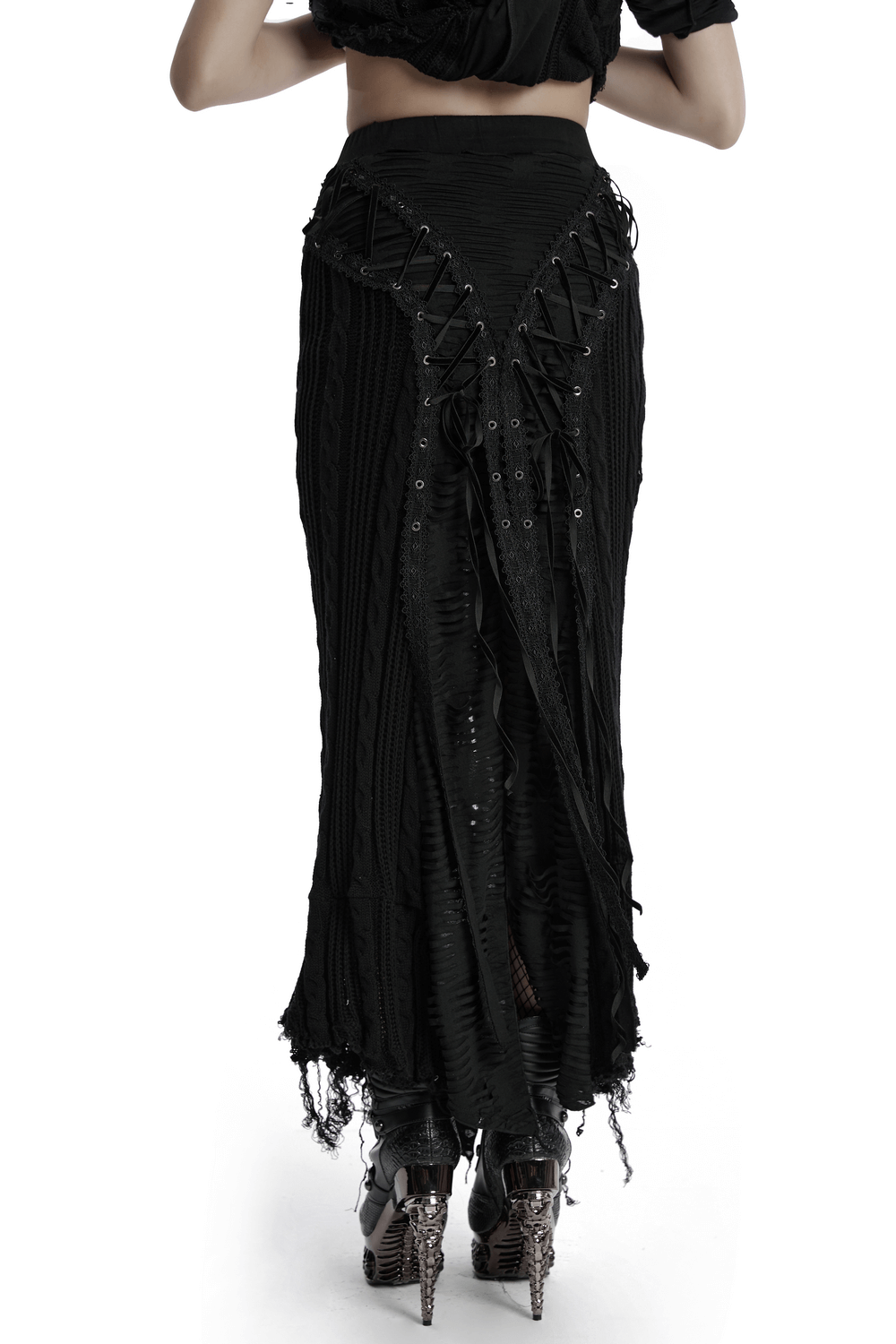 Chic Gothic Tattered Knit Skirt with Lace-Up Details