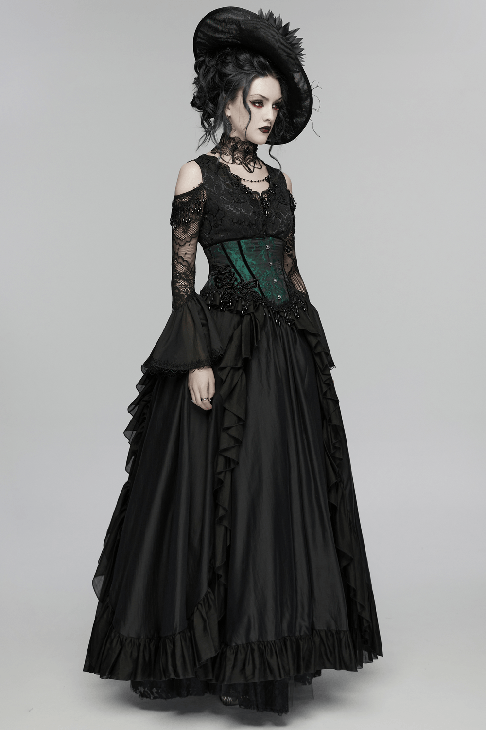 Chic Green Jacquard Goth Underbust Corset and Tassel Trim