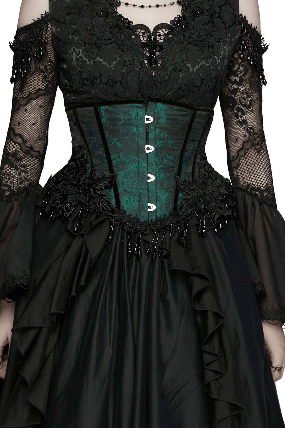 Chic Green Jacquard Goth Underbust Corset and Tassel Trim