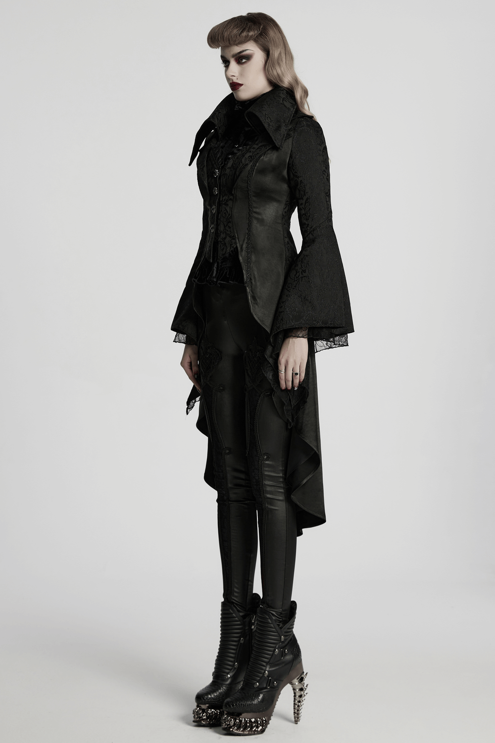 Chic High-low Tailcoat with Jacquard Lace and Buttons
