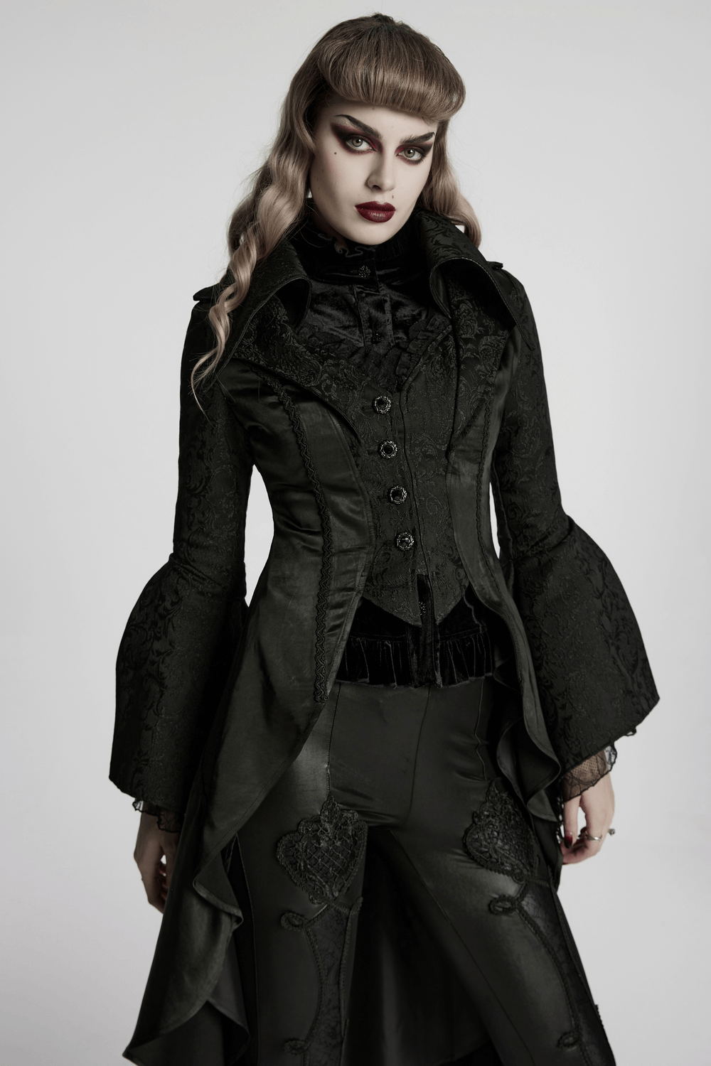 Chic High-low Tailcoat with Jacquard Lace and Buttons