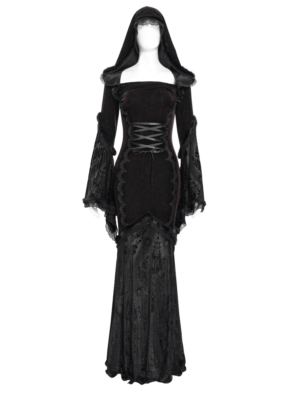 Chic Hooded Maxi Dress with Lace Sleeves and Corset Waist