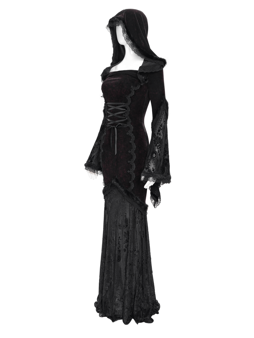 Chic Hooded Maxi Dress with Lace Sleeves and Corset Waist
