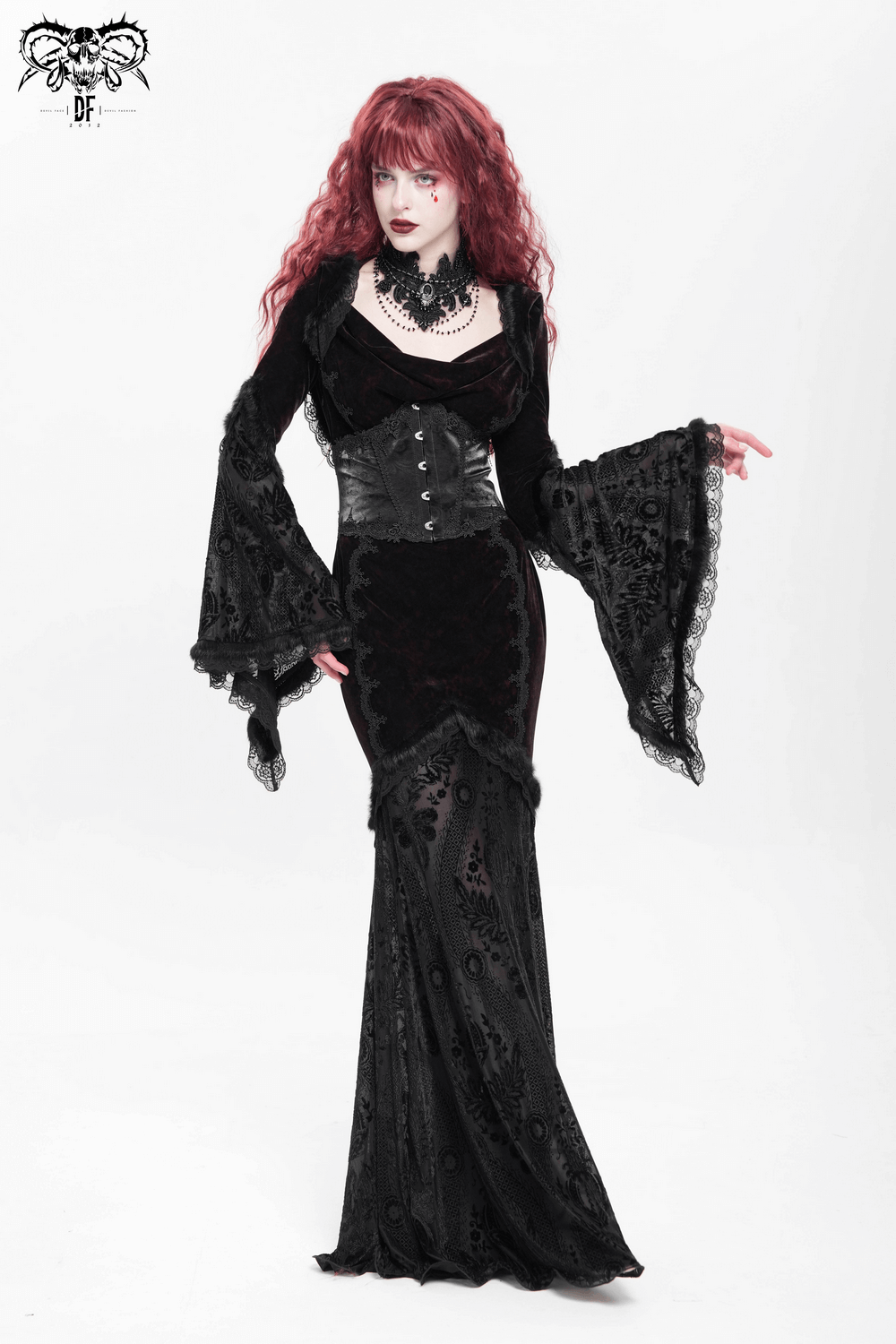 Chic Hooded Maxi Dress with Lace Sleeves and Corset Waist