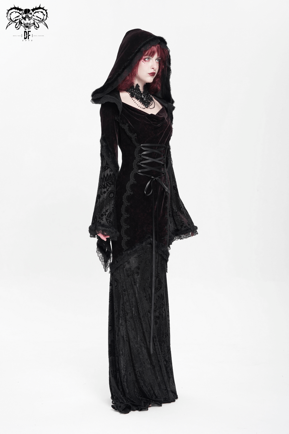 Chic Hooded Maxi Dress with Lace Sleeves and Corset Waist