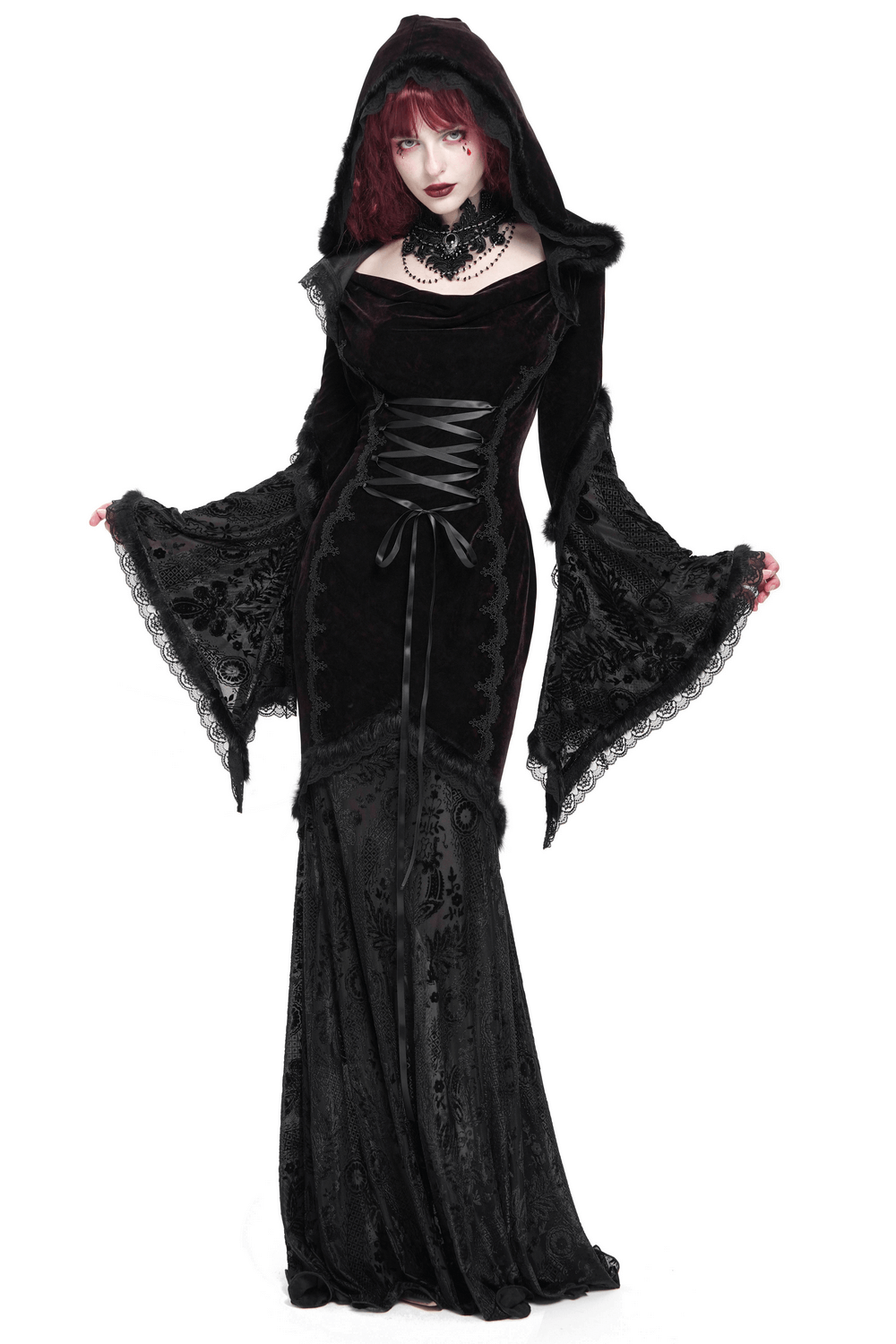 Chic Hooded Maxi Dress with Lace Sleeves and Corset Waist
