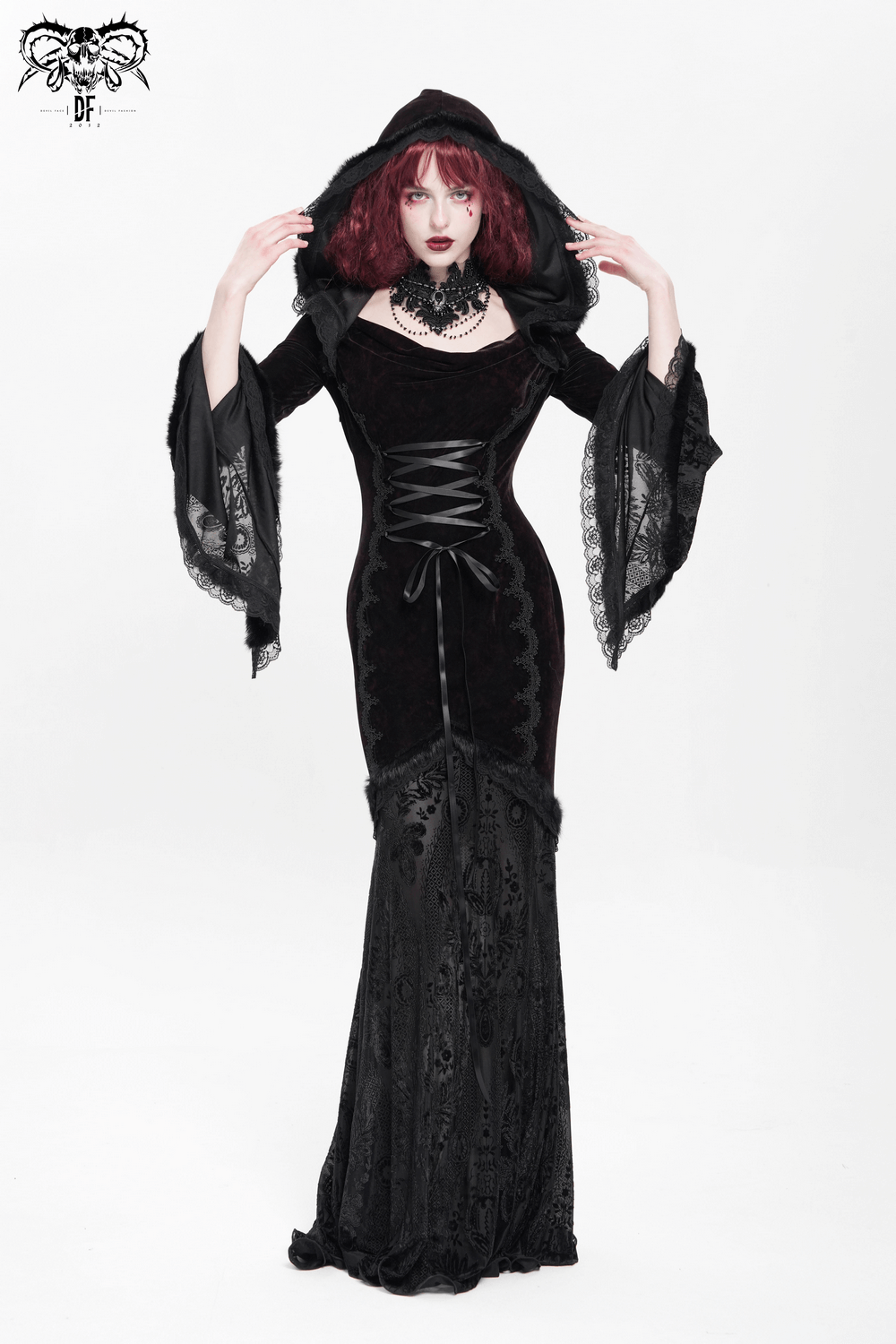 Chic Hooded Maxi Dress with Lace Sleeves and Corset Waist