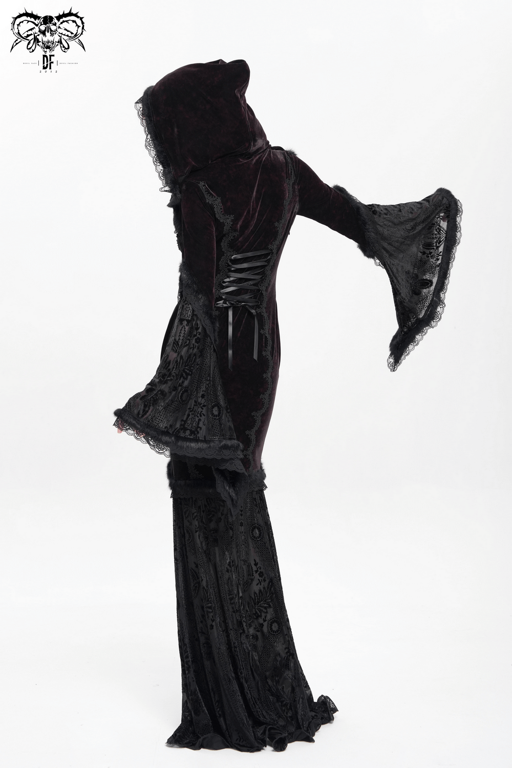 Chic Hooded Maxi Dress with Lace Sleeves and Corset Waist