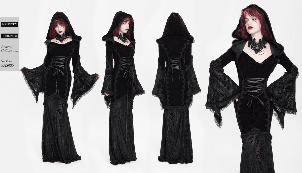 Chic Hooded Maxi Dress with Lace Sleeves and Corset Waist