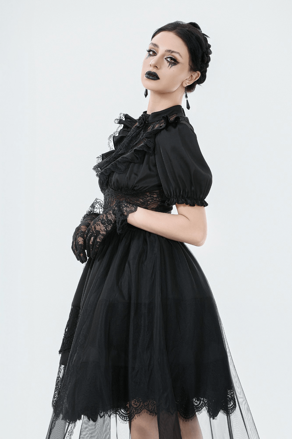 US SALE of Chic Lace and Satin Dress with Puff Sleeves and Lacing