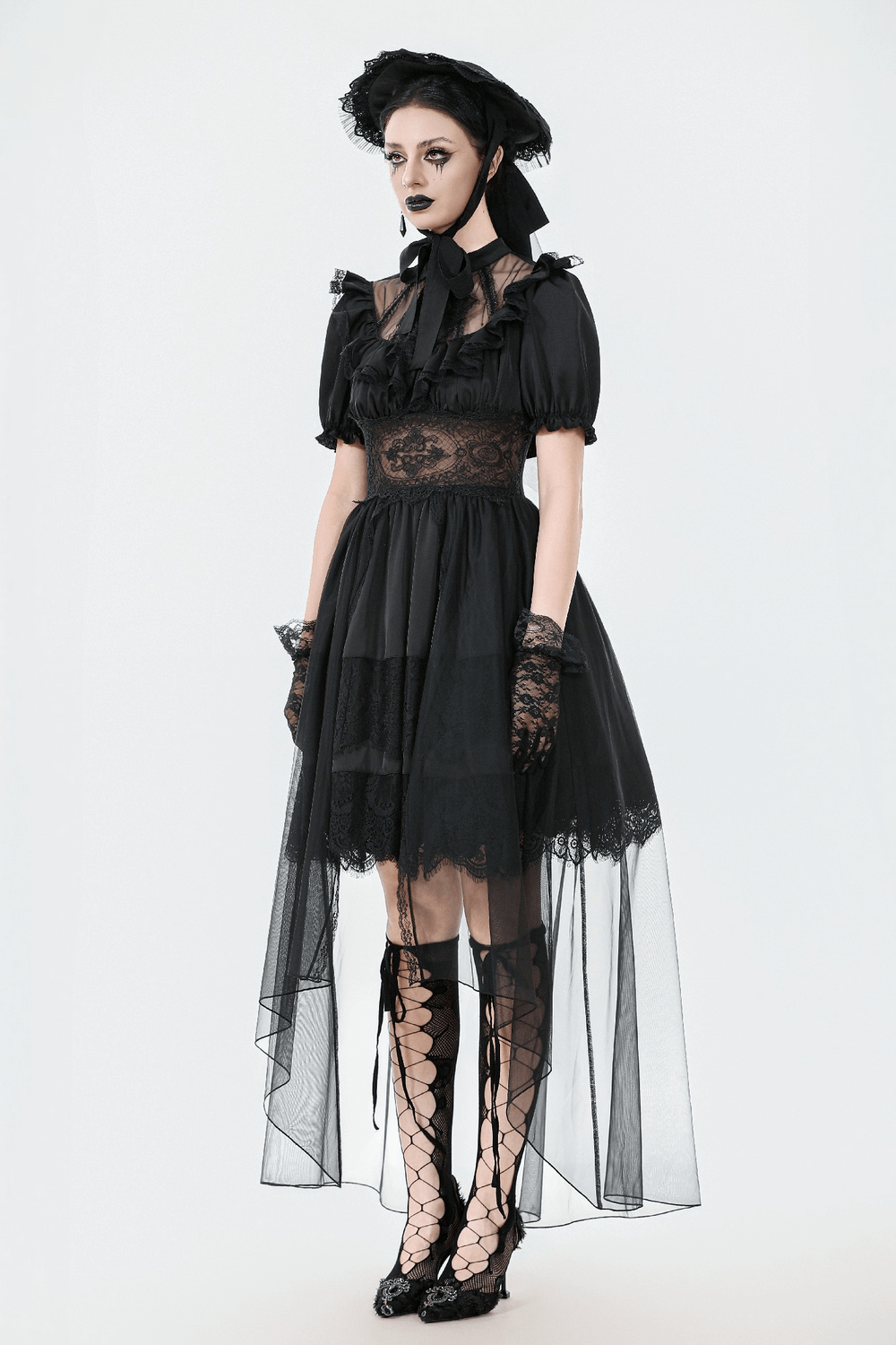 US SALE of Chic Lace and Satin Dress with Puff Sleeves and Lacing