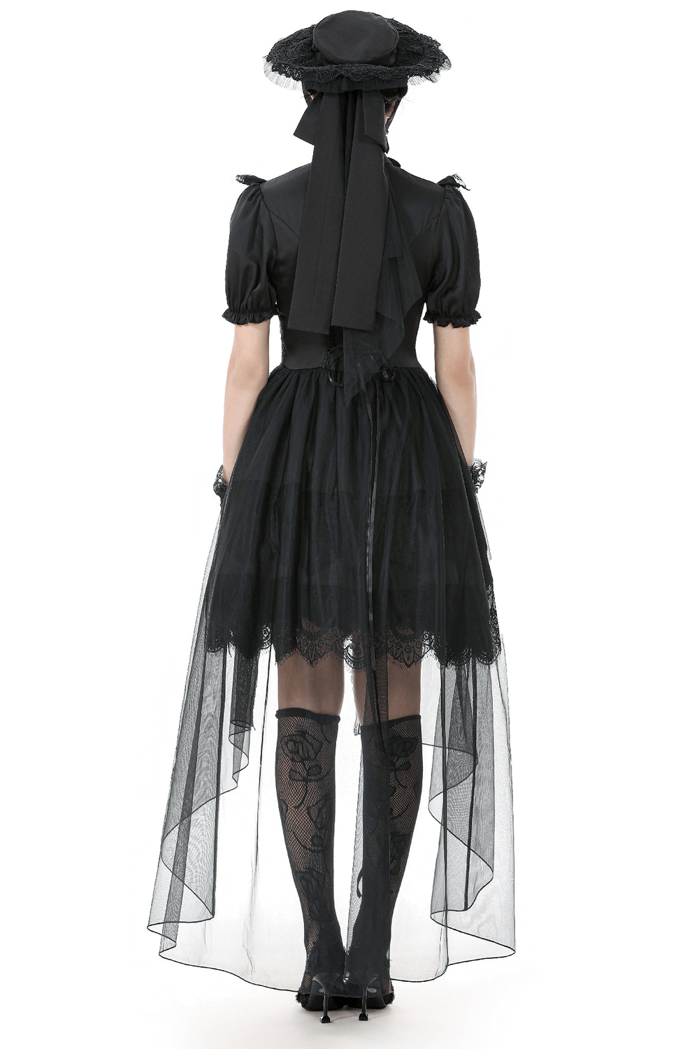 US SALE of Chic Lace and Satin Dress with Puff Sleeves and Lacing