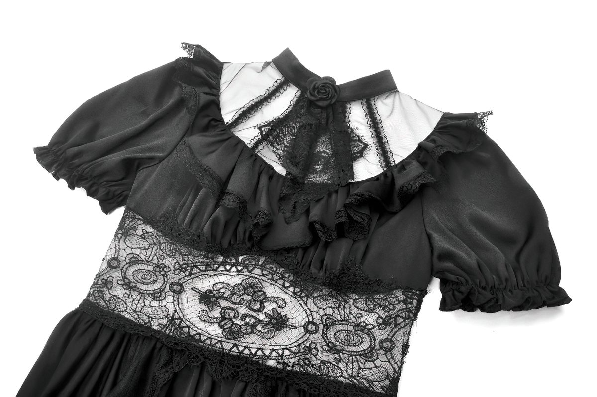 US SALE of Chic Lace and Satin Dress with Puff Sleeves and Lacing