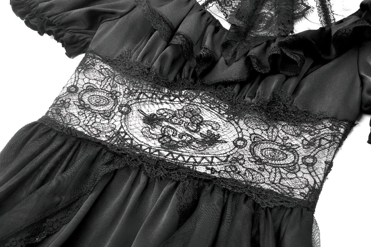 US SALE of Chic Lace and Satin Dress with Puff Sleeves and Lacing