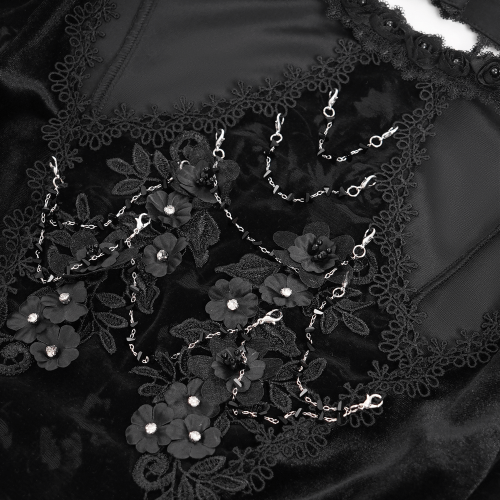 Chic Lace Long-Sleeved Top with Pearls and Roses