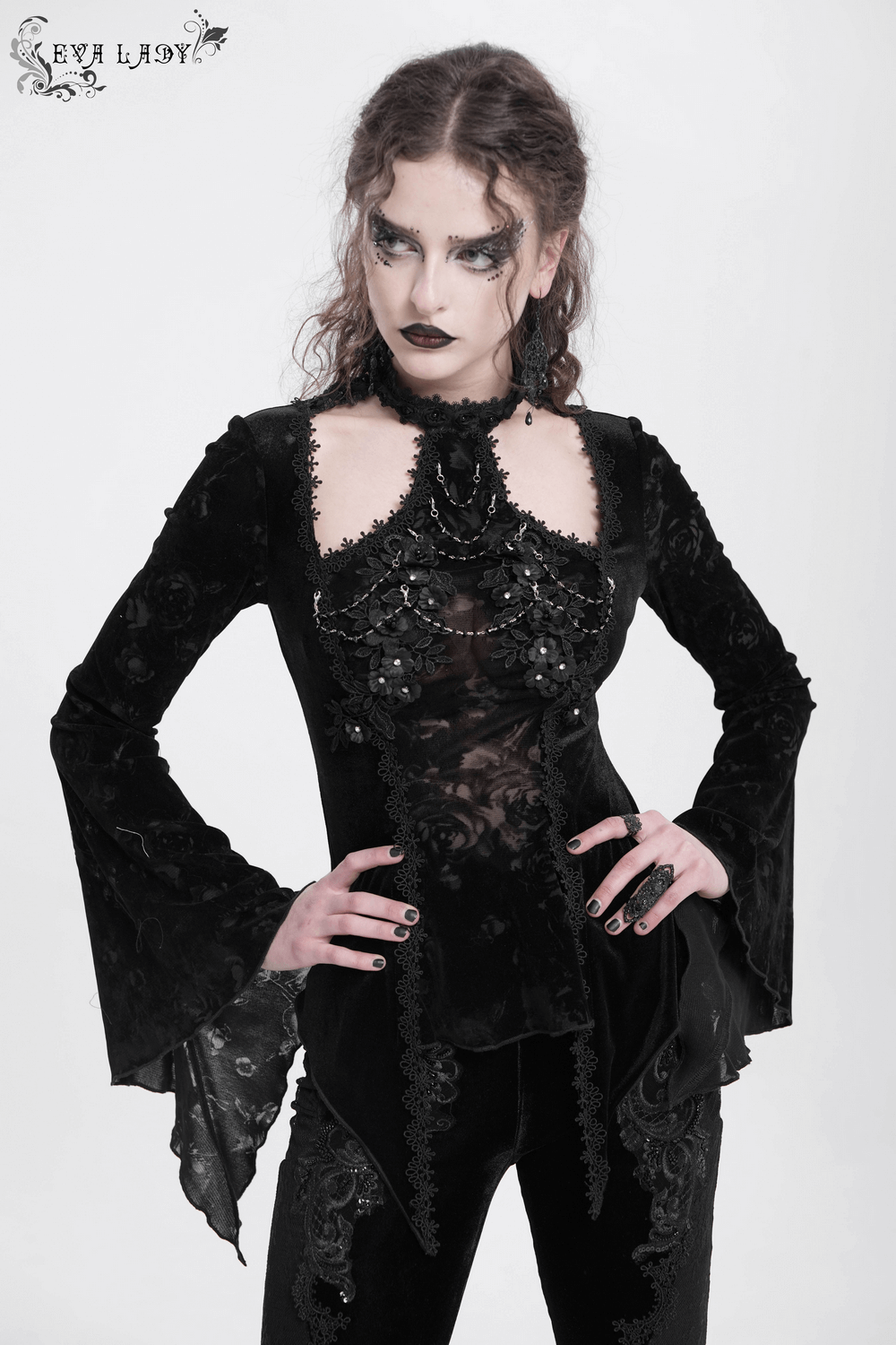 Chic Lace Long-Sleeved Top with Pearls and Roses
