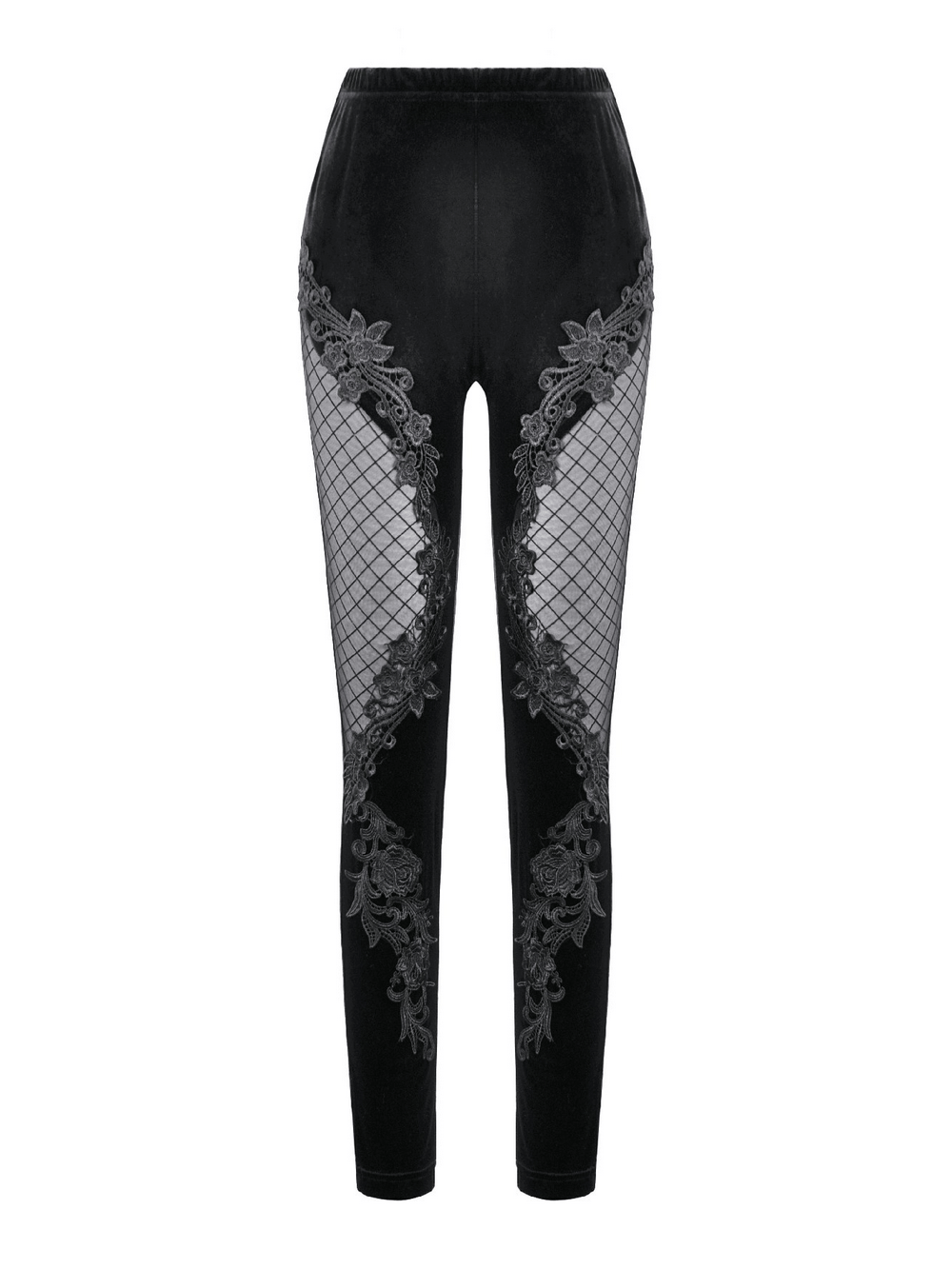 Chic Lace Mesh Panel Leggings with Floral Embroidery